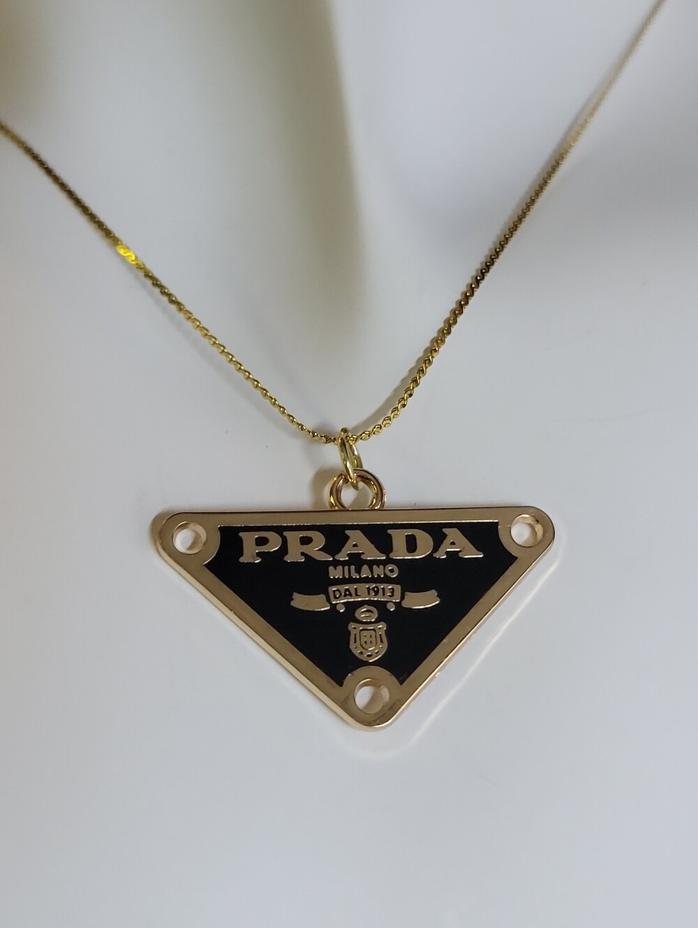 Prada Black and Gold Triangle Logo Zip Pull 18" Gold Plated Chain